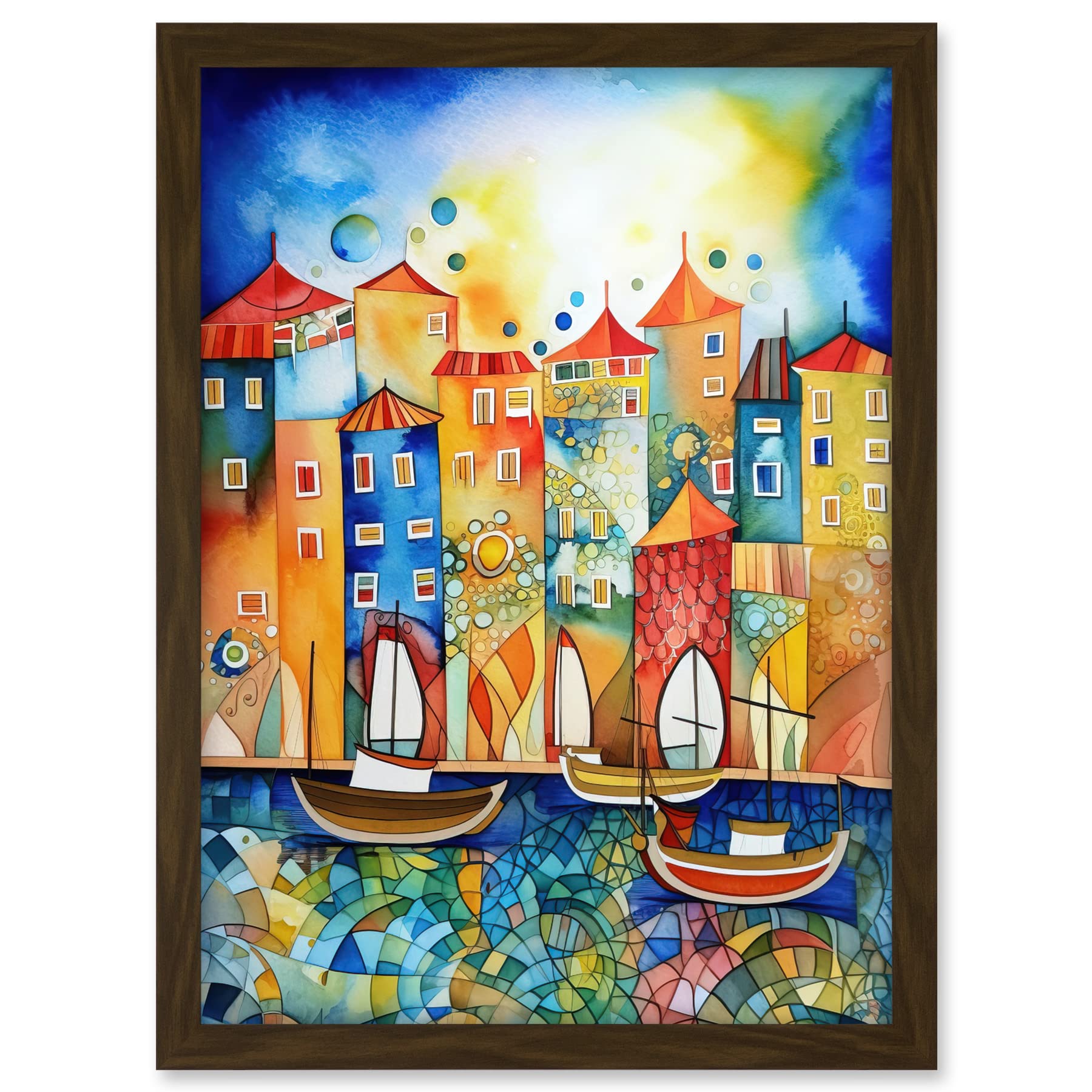Artery8 Abstract Sailing Seafront Folk Art Artwork Framed A3 Wall Art Print