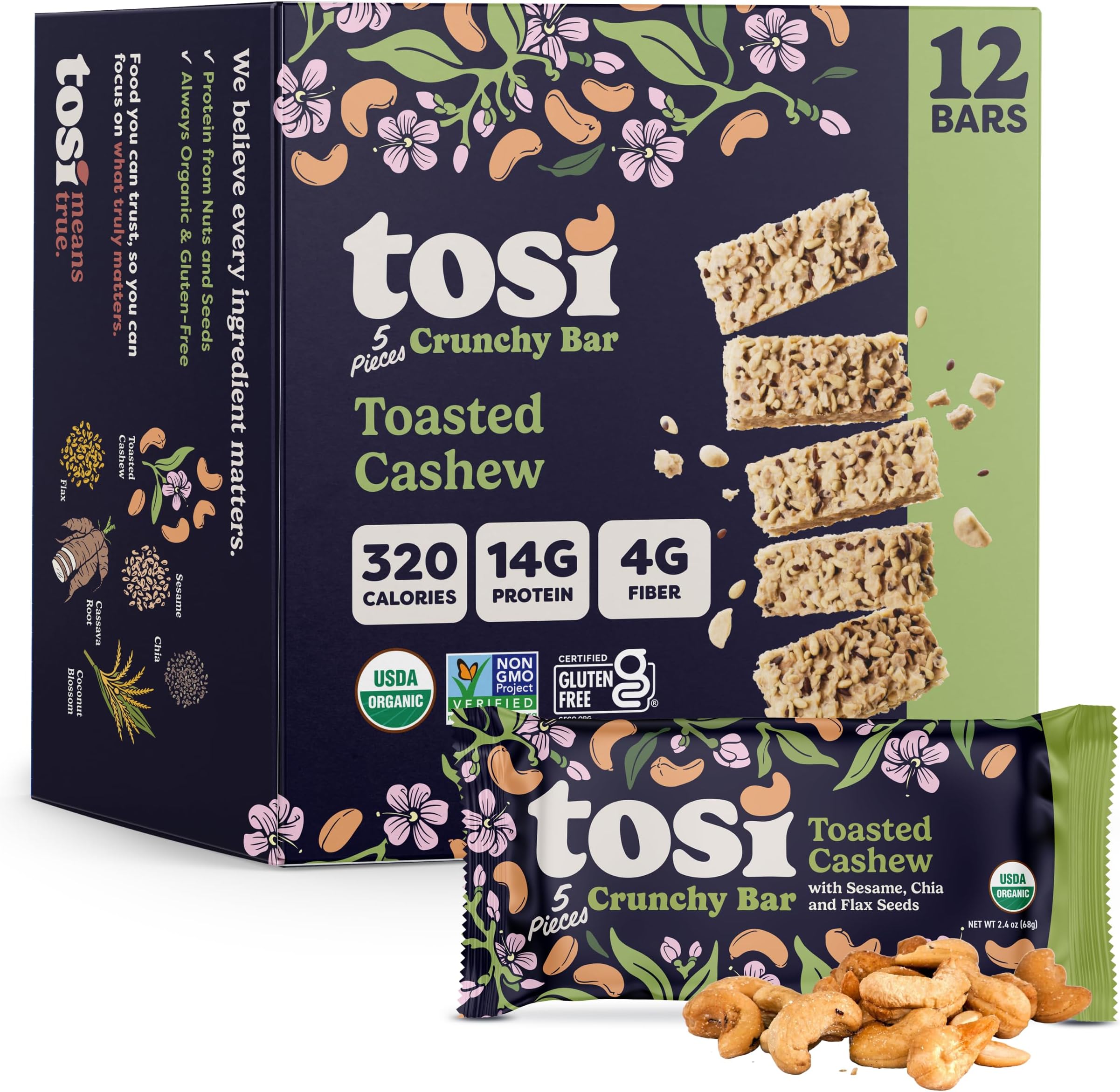 Meal Nut Bars, Cashew, Healthy Snacks for Adults & Kids, Crunchy Plant Based Protein Bar (14G), Keto Snacks, Vegan, Gluten & Soy Free, Low Sugar, Omega 3s, 2.4oz, 12-Pack