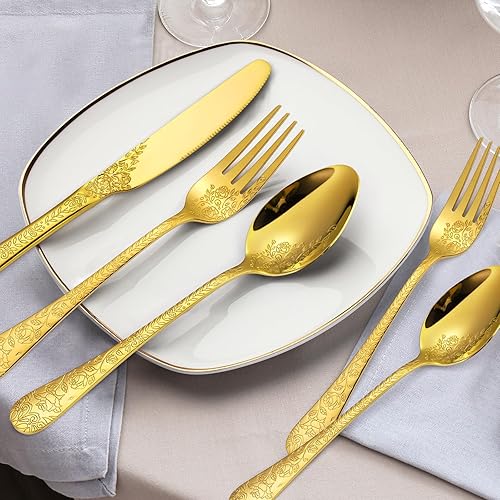 Miniatura 8 de AHOUSEWARE 30 Piece Gold Flatware Set, Stainless Steel Cutlery Set with Floral Embossed Handles, Tableware for 6, Dishwasher Safe, Modern Kitchen