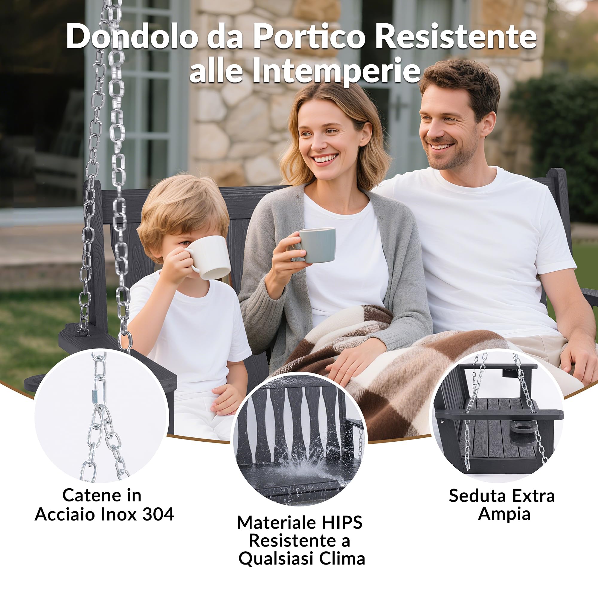 Altalena da Giardino in Legno 2 Posti, Dondolo da Giardino da Esterno per Adulti con Catene e Portabicchieri, Portata 270 kg, Panchina Sospesa per Terrazza e Balcone