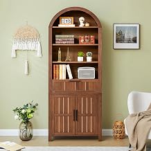Janmer Home 81-Inch Tall Arched Bookcase with Drawer&Doors | 6-Tier Mid-Century Modern Arched Bookshelf Storage Cabinet | Adjustable Shelves | Freestanding Display Shelf for Living Room, Office