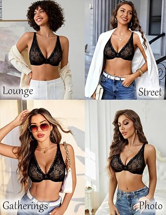 Avidlove Lace Bralettes for Women Sexy V Neck Underwire See Through No Padding Mesh Bras Lingerie Black