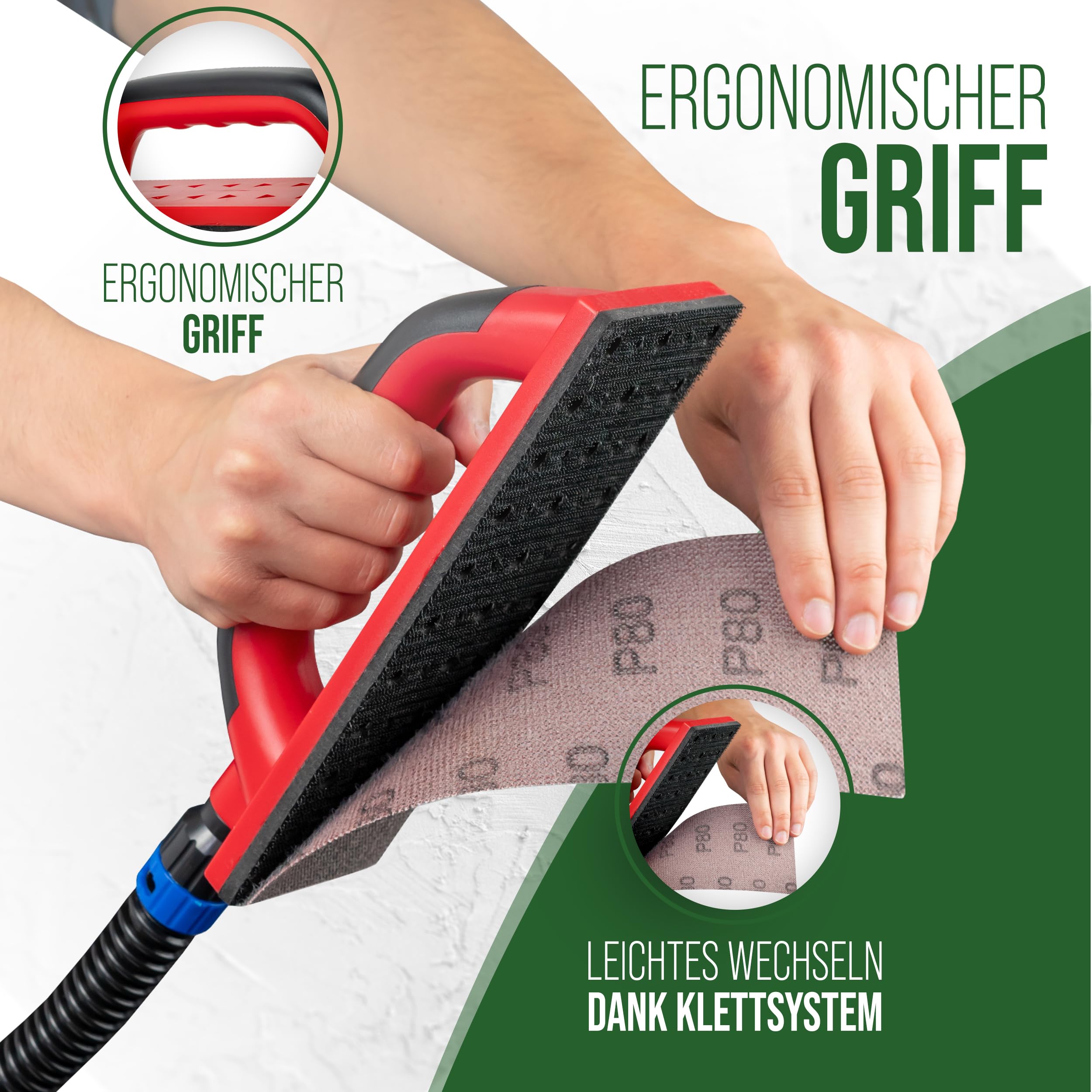 Art Color Set di levigatrici a mano – blocco abrasivo (80 x 230 mm) con aspirazione e velcro per levigatura senza polvere – con tubo di aspirazione da 4 m e 25 griglie abrasive Art Color Grana grana: