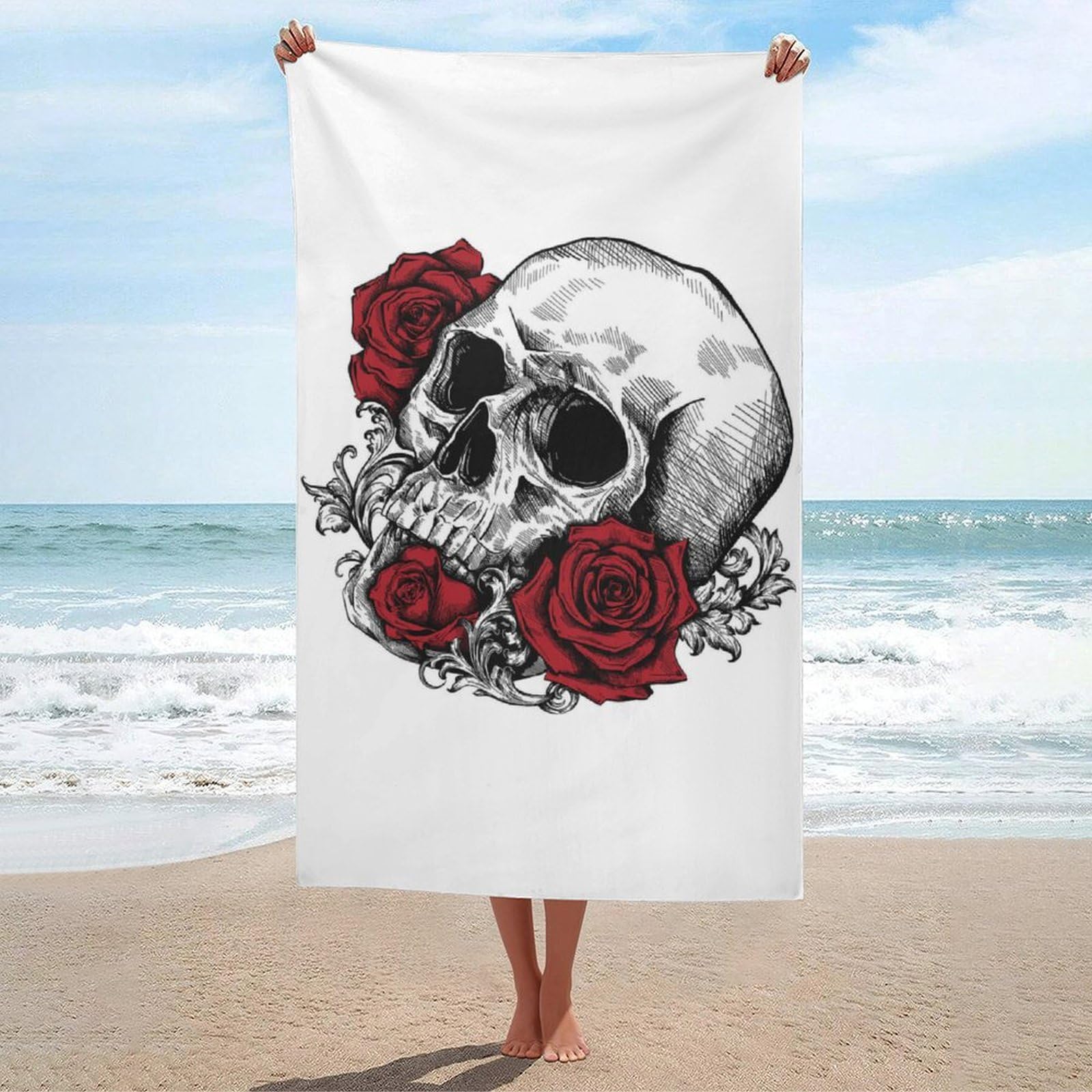 LEDFCVSU Beach Towel, Skull with Roses Bath Towel, Absorbent Towel for Swimming, Sports, Travel
