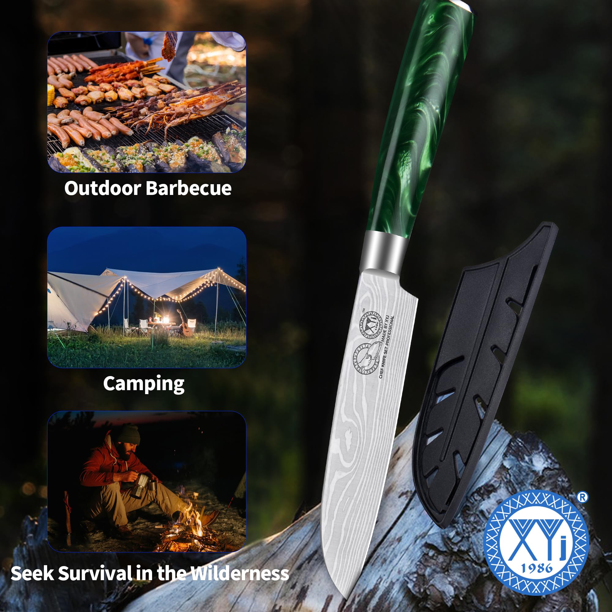 XYJ giapponese Santoku coltello in acciaio inox 5 pollici rasoio affilato coltello da cucina per frutta verdura, posate da cucina, coltello mannaia carne con copertura, manico in resina verde