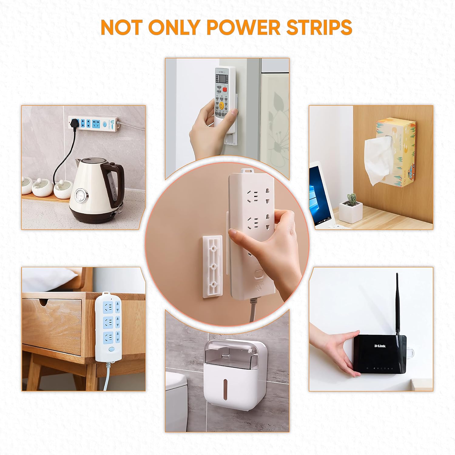 10-Pack Adhesive Punch-Free Socket Holder, Self Adhesive Desktop Socket Fixer, Power Strip Holder Wall Mount with 20 Pcs Cable Organizer Clips, Suitable for WiFi Routers, Remote Controls