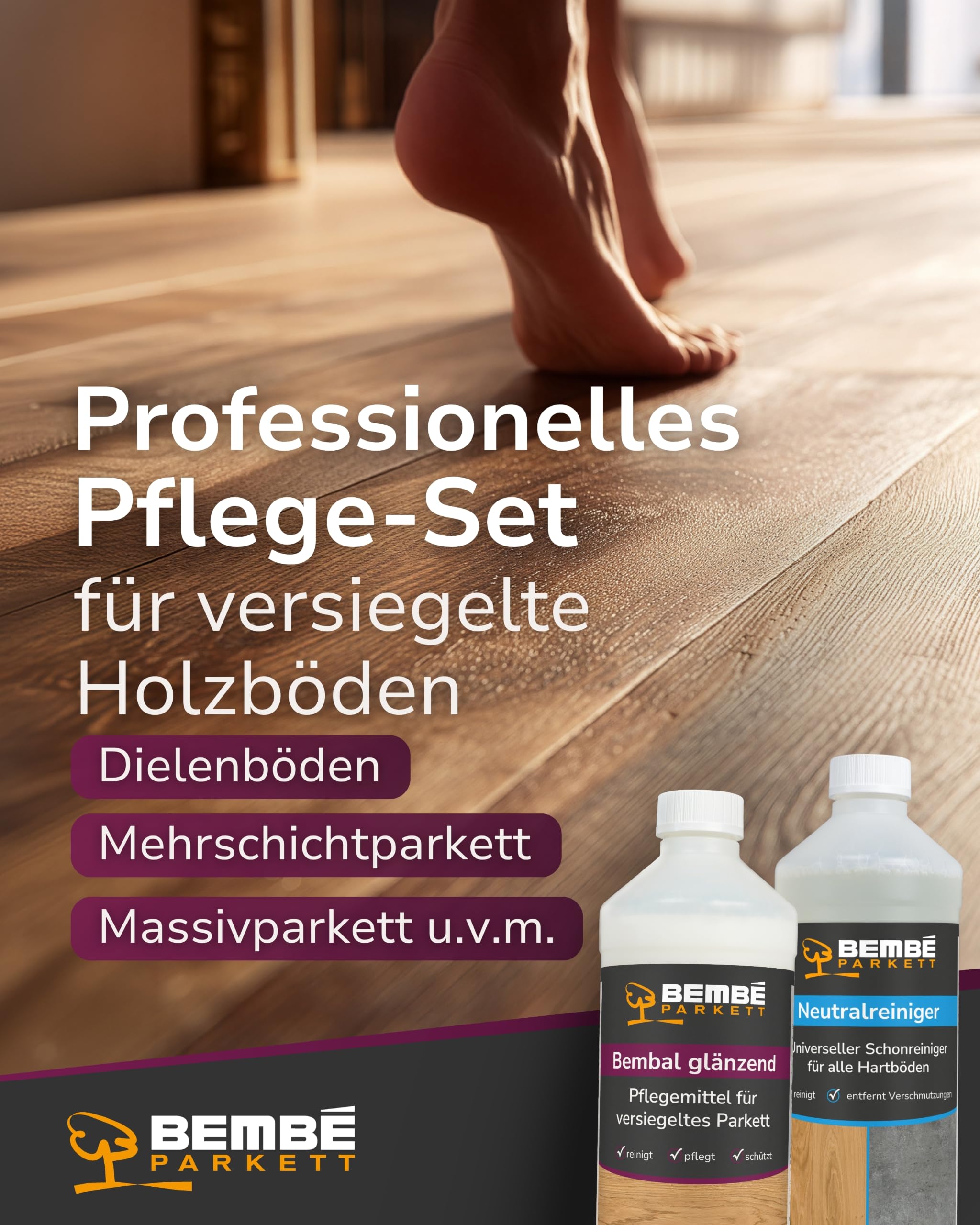 Bembé Parkett Pflege Set I Bembal glänzend 2L + Neutralreiniger 1L I Parkettpflege für versiegeltes Parkett reinigt & schützt I Bodenreiniger pH neutral & streifenfrei I wasserabweisender Pflegefilm