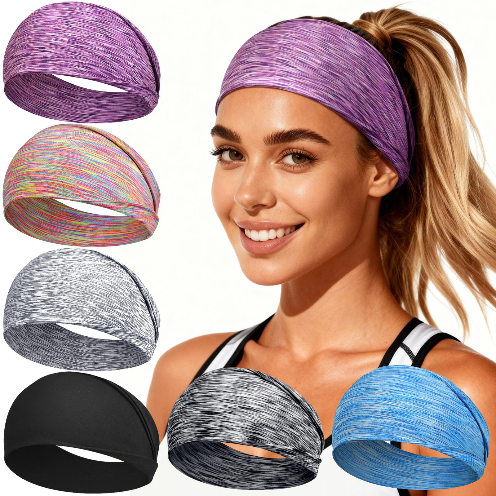 Loiluliy Workout Headbands for Women & Men, 6 Pack Non-Slip Wide Sweatbands - Thick Soft Elastic Hair Bands Accessories for Gym, Yoga, Running and Everyday Fashion (Purple)-image-33