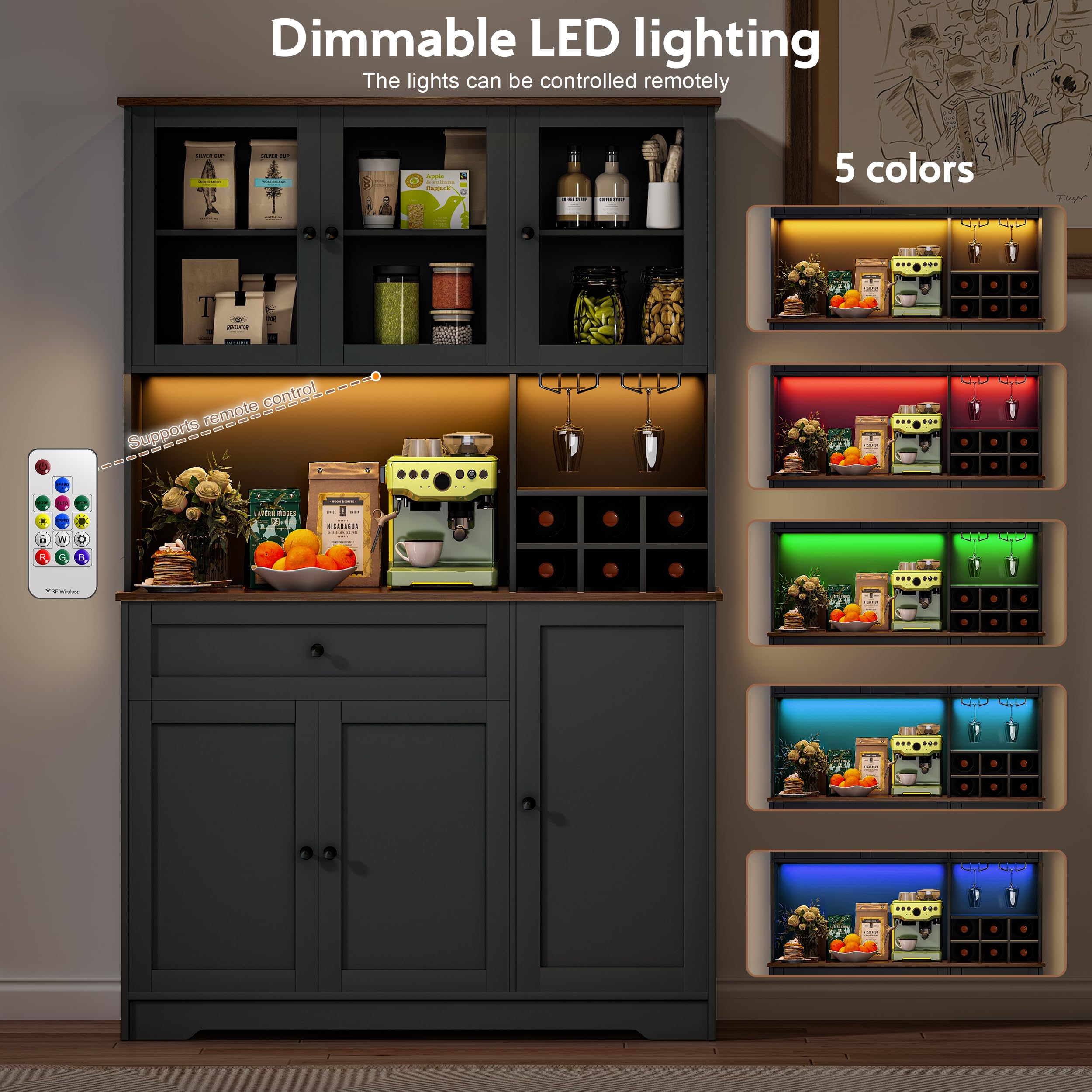 Küchenschrank Buffetschrank, Küchenschränke mit 6-Fach Weinregal, Sideboard mit LED-Licht, Steckdose, Verstellbare Böden, Anti-Kipp, Küchenbuffet für Küche, Esszimmer, Wohnzimmer (Schwarz)