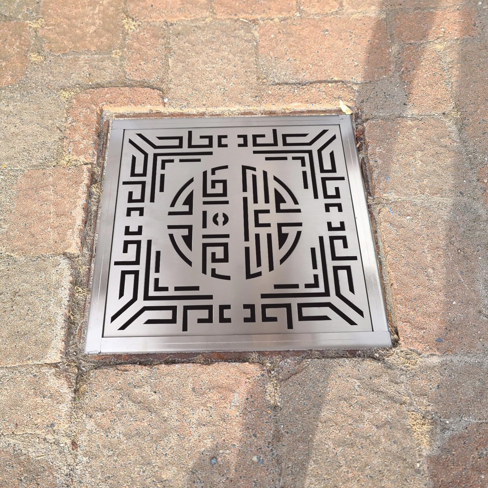 Grille de vidange en acier inoxydable avec cadre, 300 x 300 mm, pour eau de pluie, allée et jardin, argenté