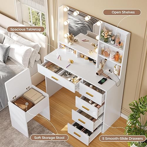 Miniatura 2 de VIAGDO Juego de tocador de maquillaje con espejo y luces, escritorio con estación de carga y taburete acolchado, mesa de tocador blanca para