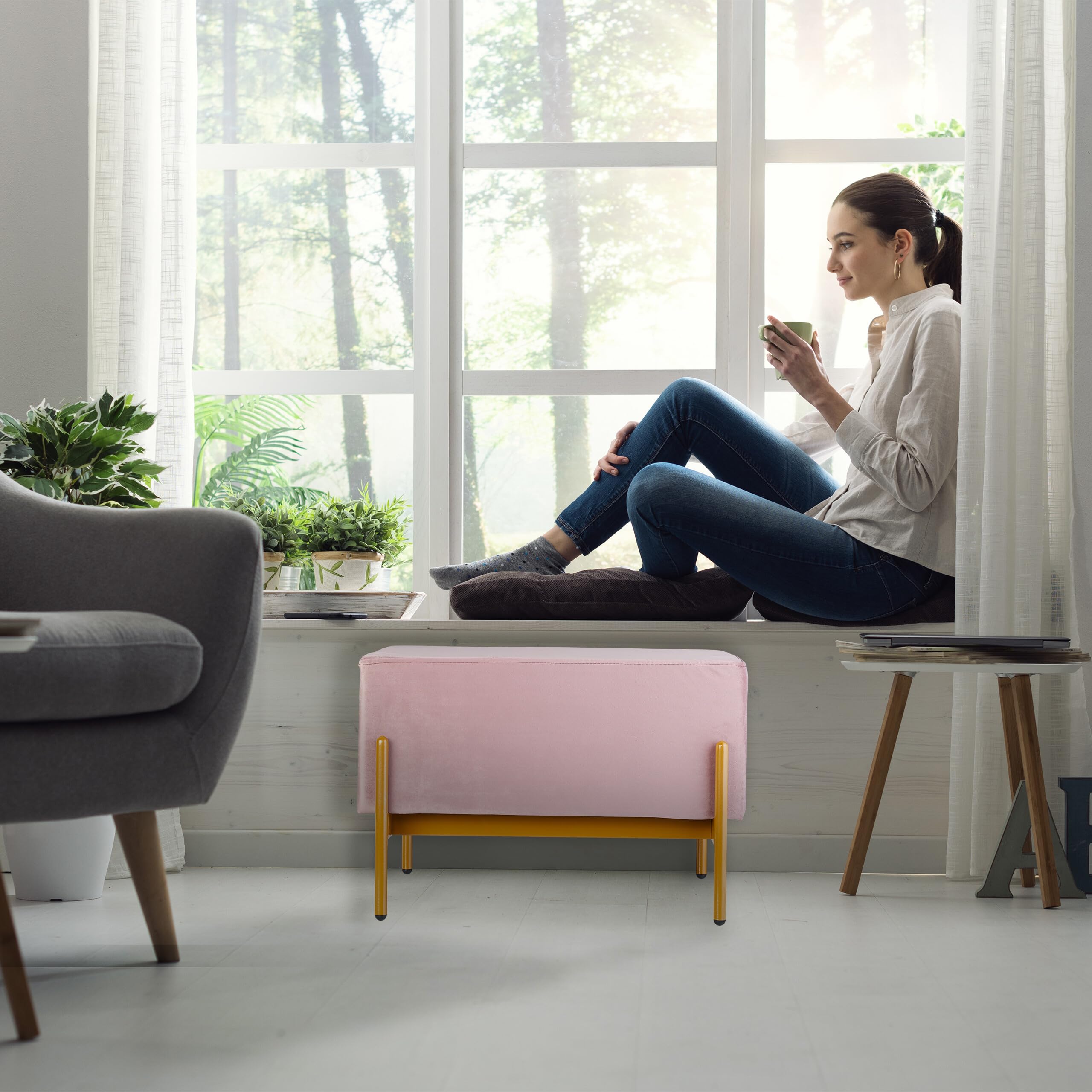 Relaxdays Panca da Ingresso con Seduta Imbottita in Velluto, HLP: 40 x 60 x 43 cm, Entrata, Camera da Letto, Rosa Oro