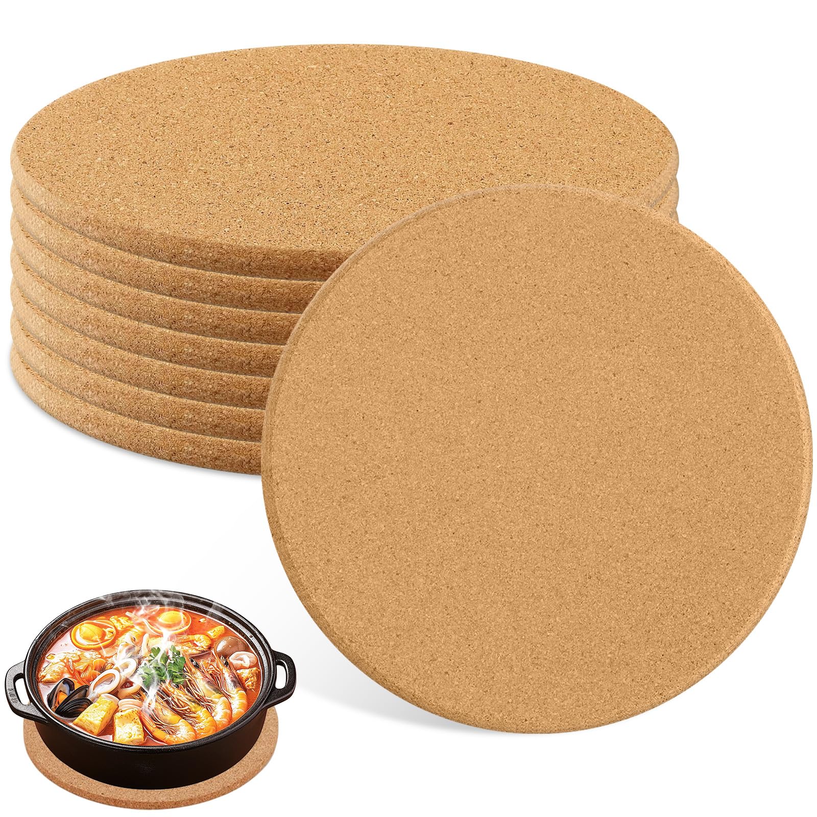 8 Pezzi Sottobicchieri Rotondi in Sughero 19cm da Diametro, Sottopentola Resistenti al Calore Antiscivolo 1cm Spessore, Sotto Piatti da Tavola Assorbenti per Cucina Pentole, Padelle, Casseruole, Piant
