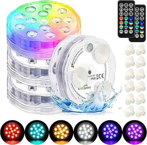 Luces de piscina sumergibles con control remoto, luces de estanque impermeables con ventosas mejoradas, imanes, 16 colores intercambiables, batería