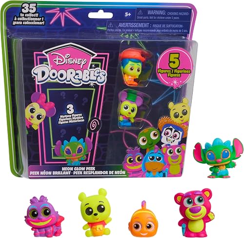 Just Play Disney Doorables Neon Glow Peek Figures, 5 Special Edition 1.5-inch Collectible Figurines, Kids Toys for Ages 5 Up by Just Play
