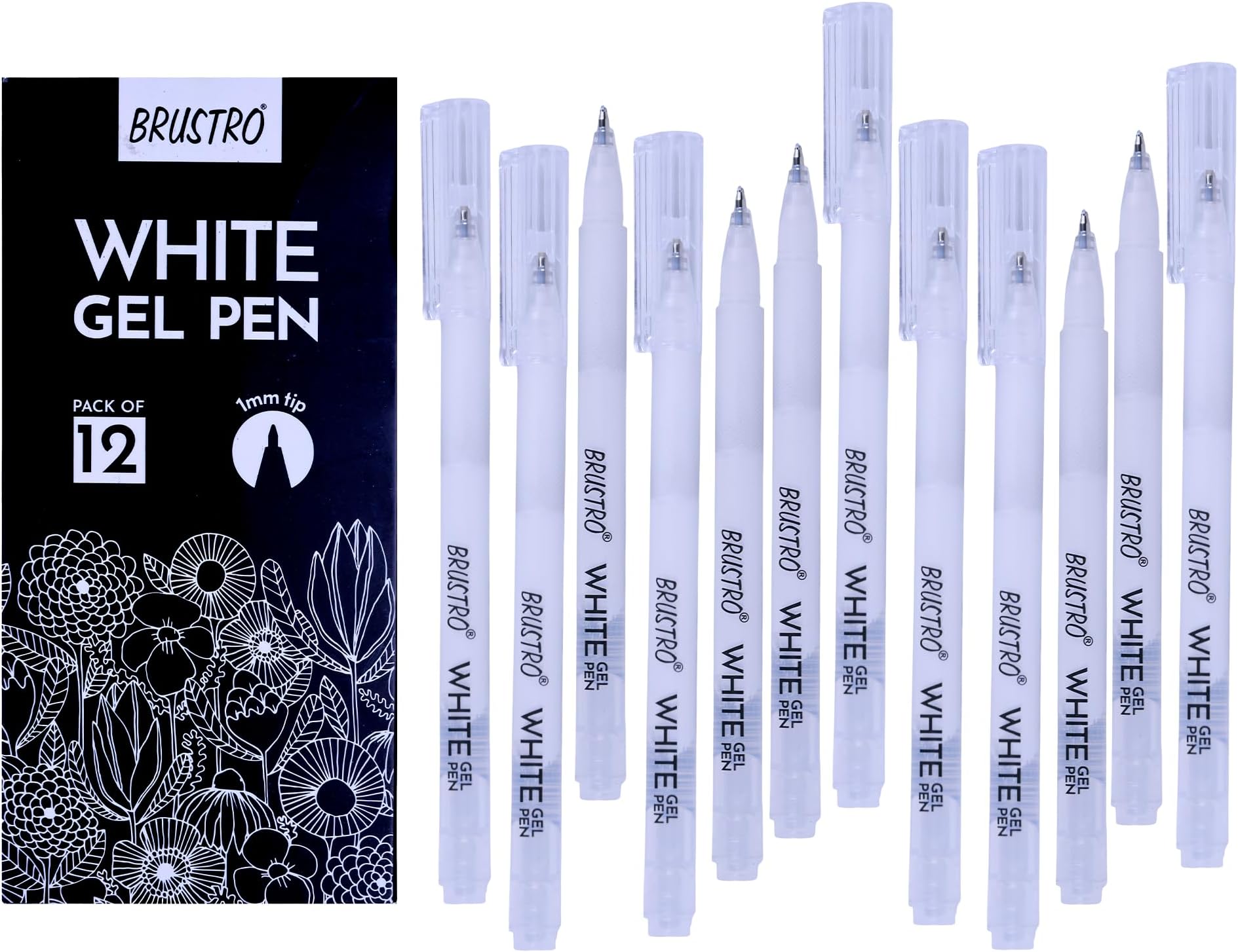 BRUSTRO White Gel Pen Pack of 12. (1MM tip) | Ideal for Students and Adults, Drawing, Mandala Arts, Students, Office Use, Writing, Pen Set