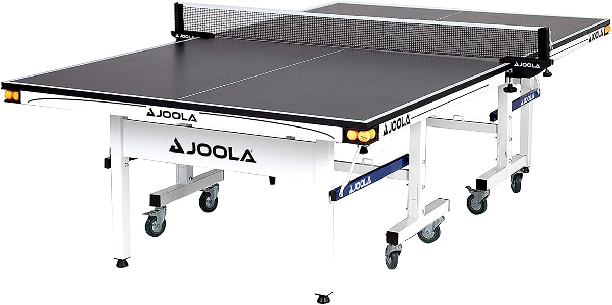 Rally TL Mesa de ping pong profesional para interiores de MDF con abrazadera rápida, red de tenis de mesa y juego de postes, fácil montaje en 10 minutos, soportes para pelotas en esquina, calidad de torneo, incluye modo de reproducción