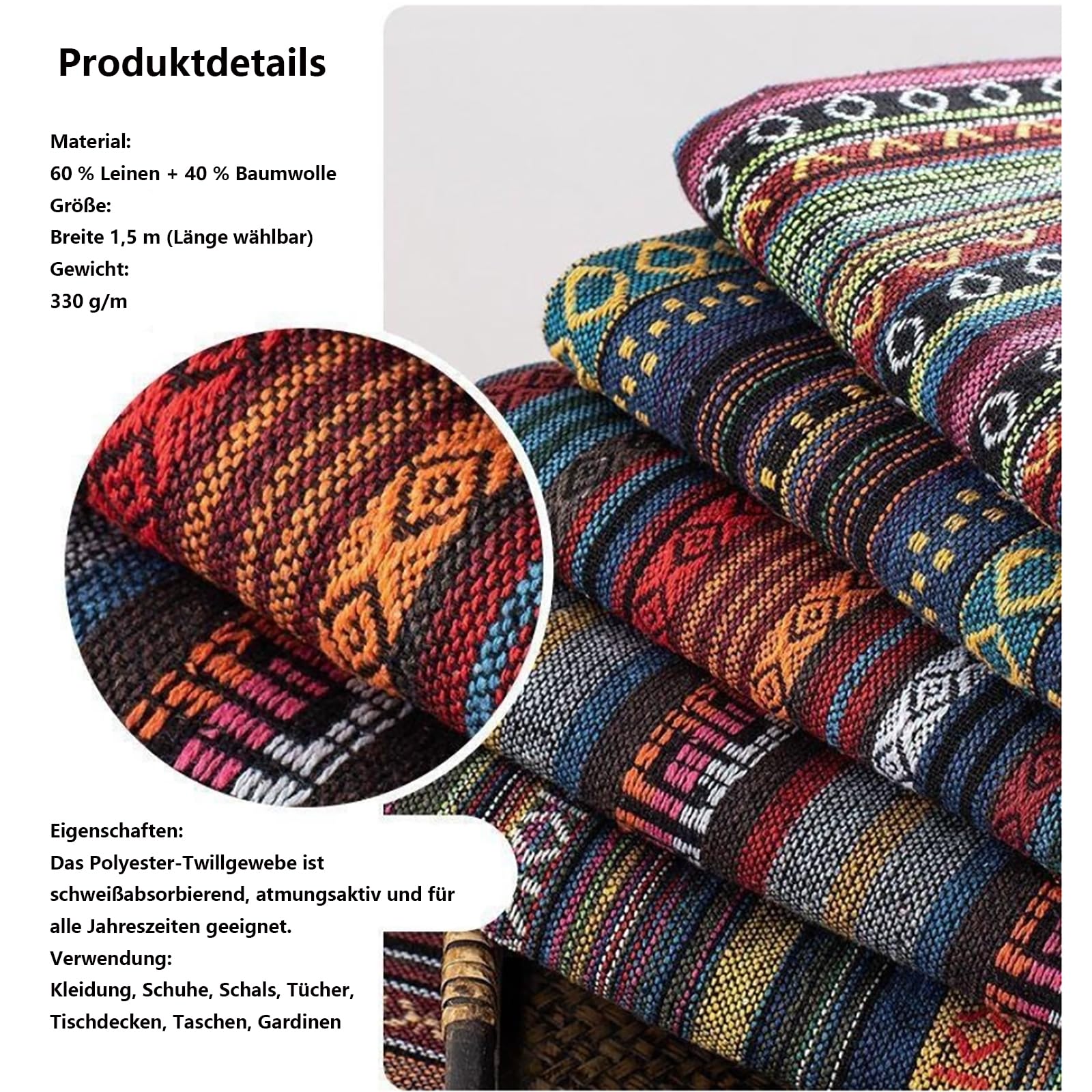 1m*1.5m Vintage Jacquard Stoffe Ethnischer Stil Patchwork Stoffe 60% Leinen + 40% Baumwolle Boho-Stoff Für Heimdekoration Nähen Quilt DIY (#07,5m)