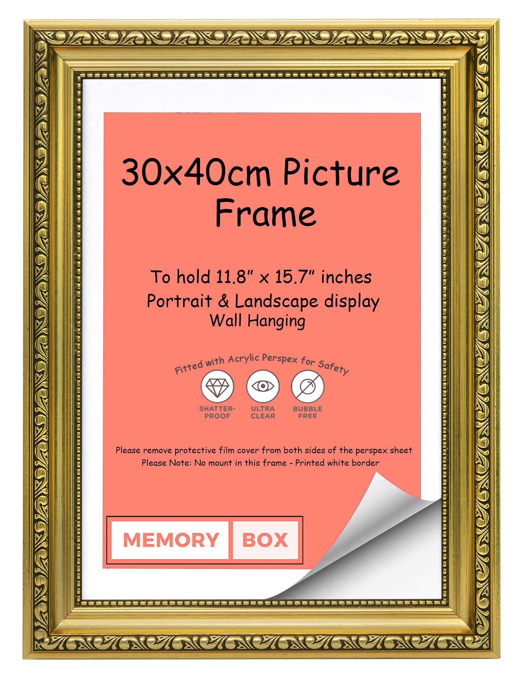 Memory Box Ornate Shabby Chic Picture/Photo/Poster frame with Real Glass - Moulding 33mm Wide and 27mm Deep - (30 x 40cm) Gold 11.8" x 15.7"