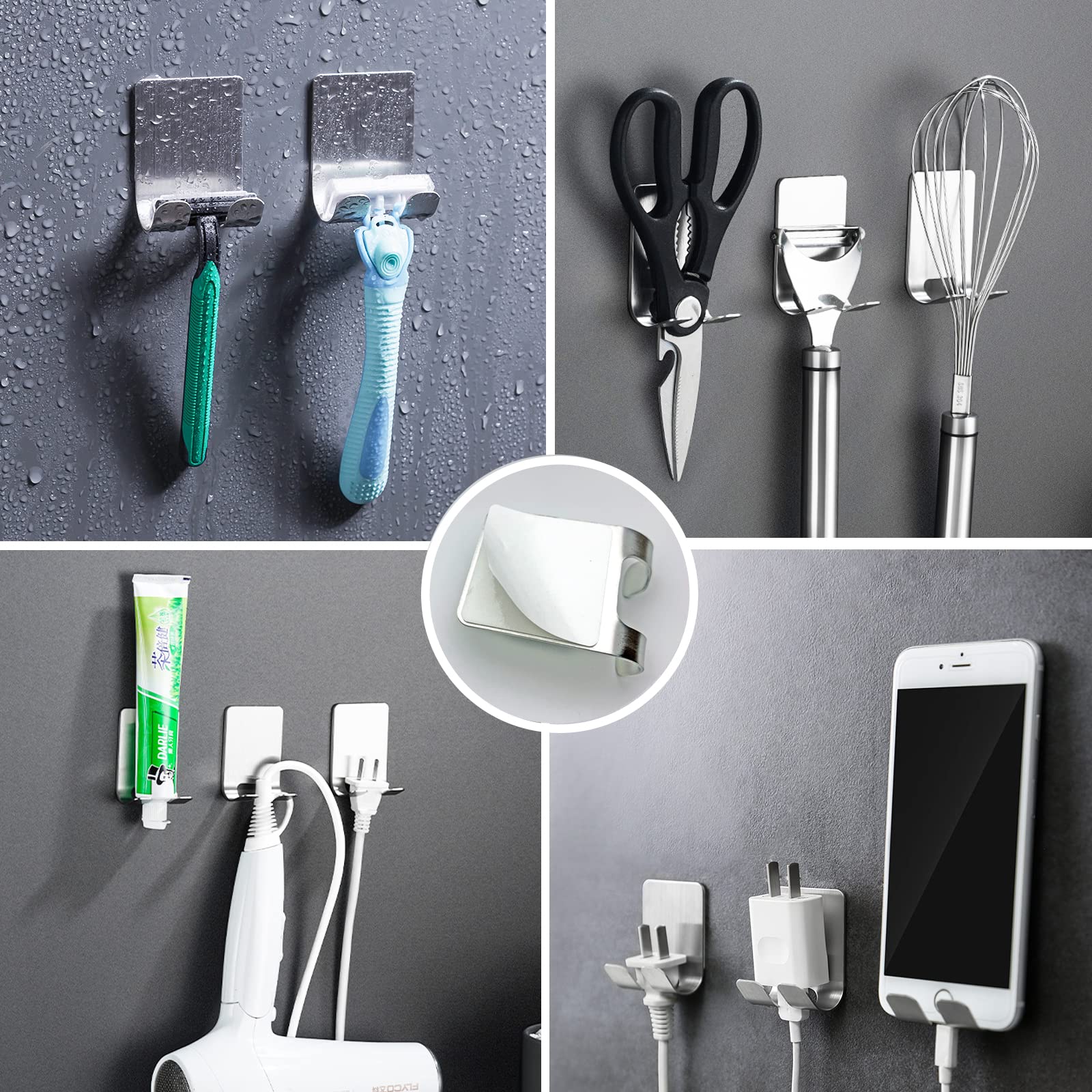 8 Pezzi Set Accessori Bagno Acciaio inossidabile Portasciugamani, porta carta igienica, anello portasciugamani, gancio per accappatoio, ganci adesivi, porta rasoio adesivo (Argent)