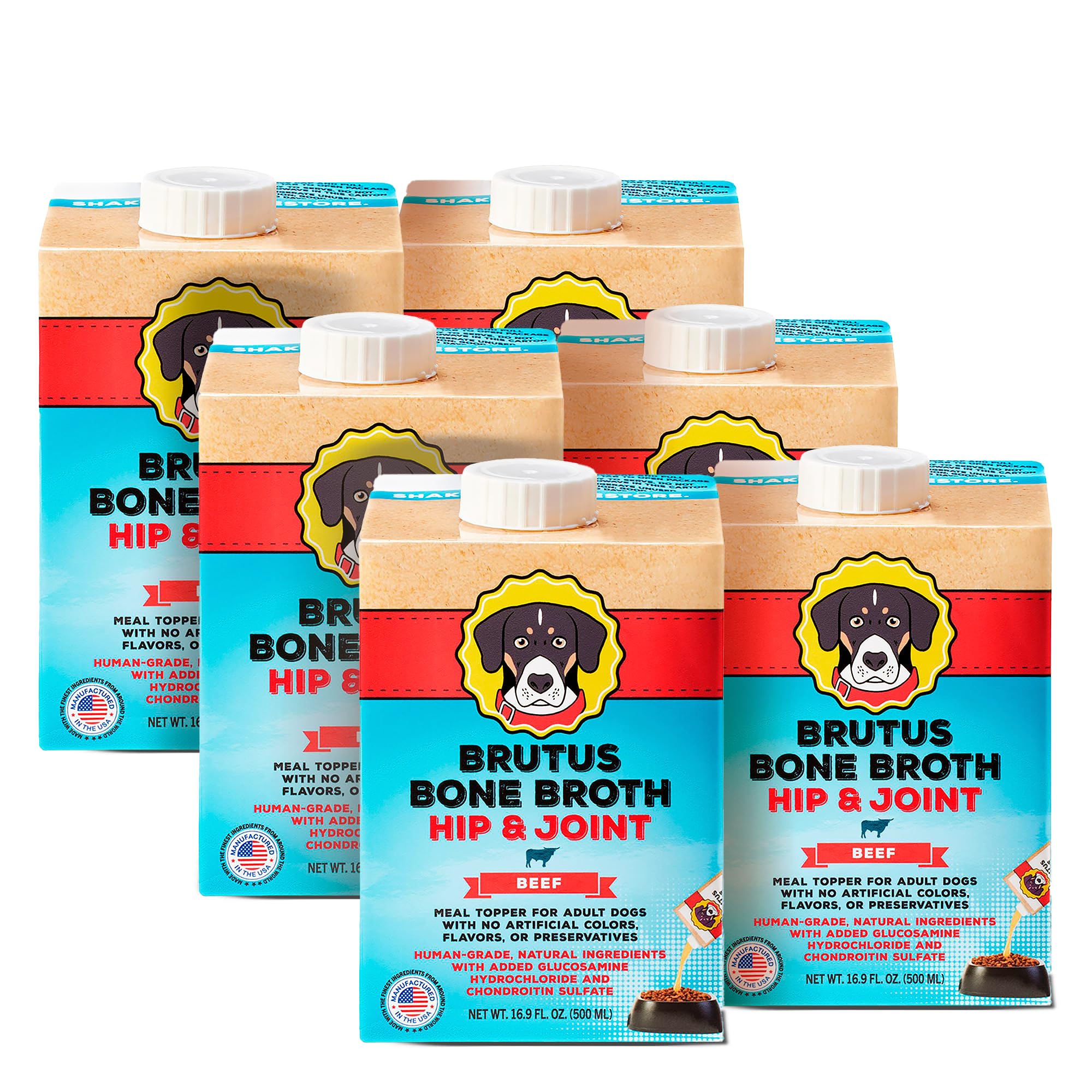 Brutus Beef Bone Broth for Dogs - All Natural Dog Bone Broth with Chondroitin Glucosamine & Turmeric - Human Grade Dog Food Toppers for Picky Eaters -