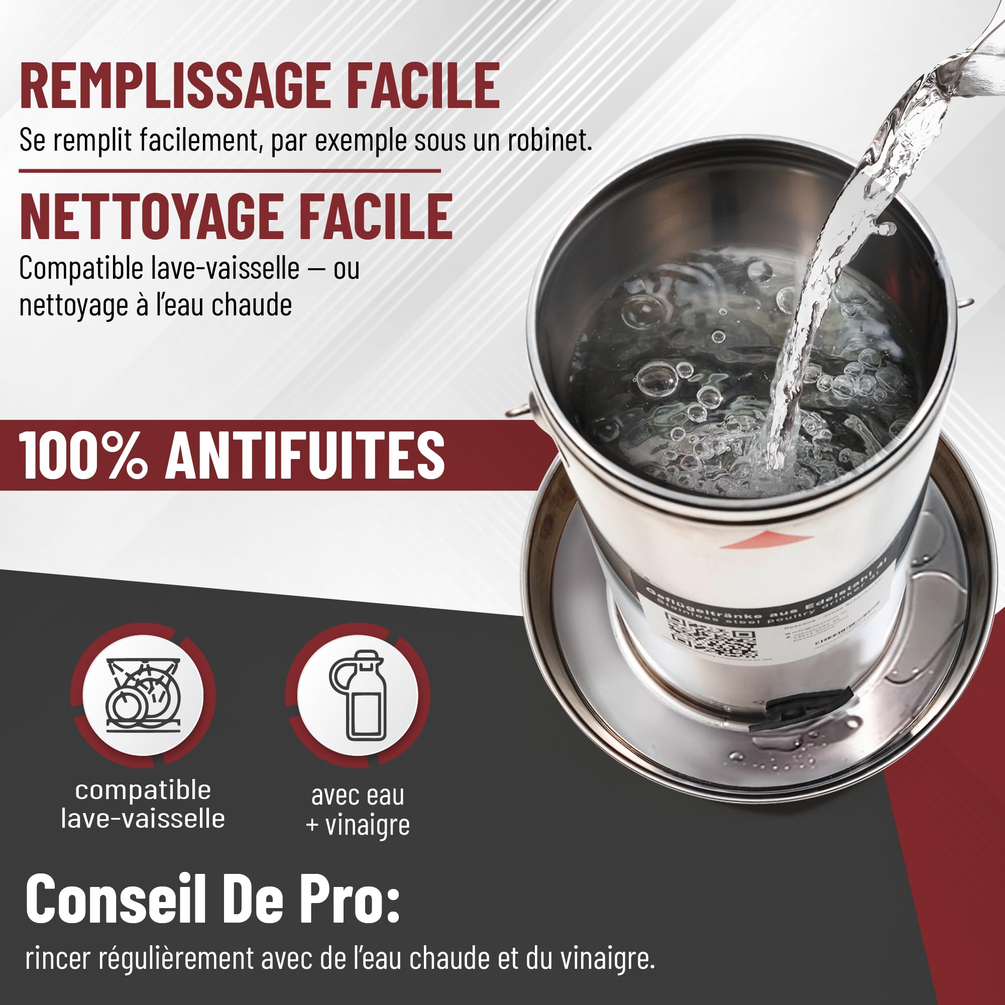 Descena Abreuvoir Poules 4L INOX – Remplissage par Le Haut | Acier inoxydable 304 (V2A), régulation automatique de l'eau, compatible lave-vaisselle et chauffe-abreuvoirs