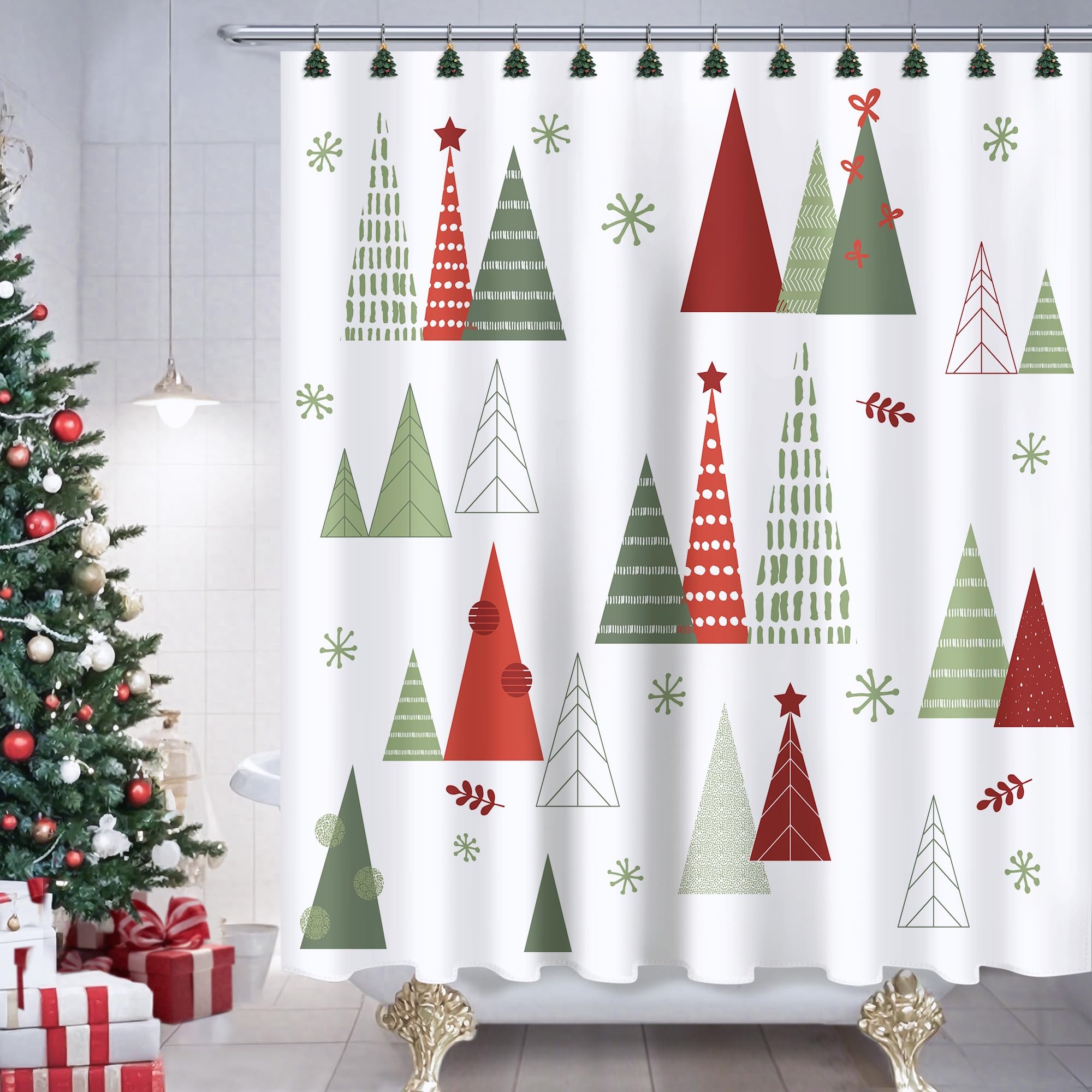 Sunlit Geometric Modern Design Christmas Shower Curtain Christmas Tree Bathroom Home Office Holiday Wall Decoration as Tapestry and Photo Booth