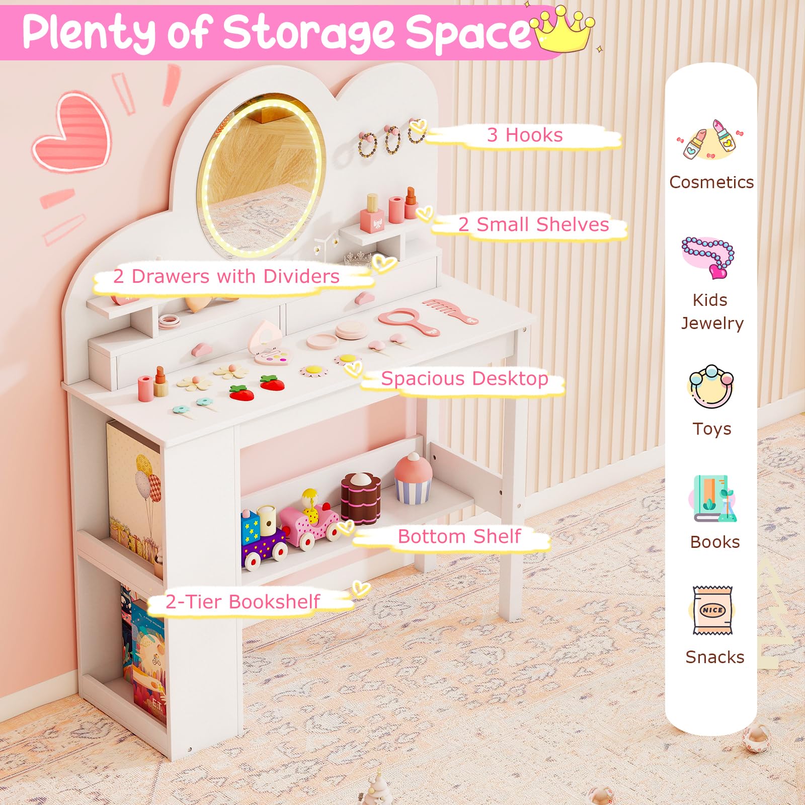 LIFEZEAL Tocador Infantil con Espejo Iluminado LED, Set de Tocador y Silla Princesa, Mesa 2 en 1 con Estantes y Cajones, Almacenaje Seguro para Niñas Desde 3 Años (Blanco)