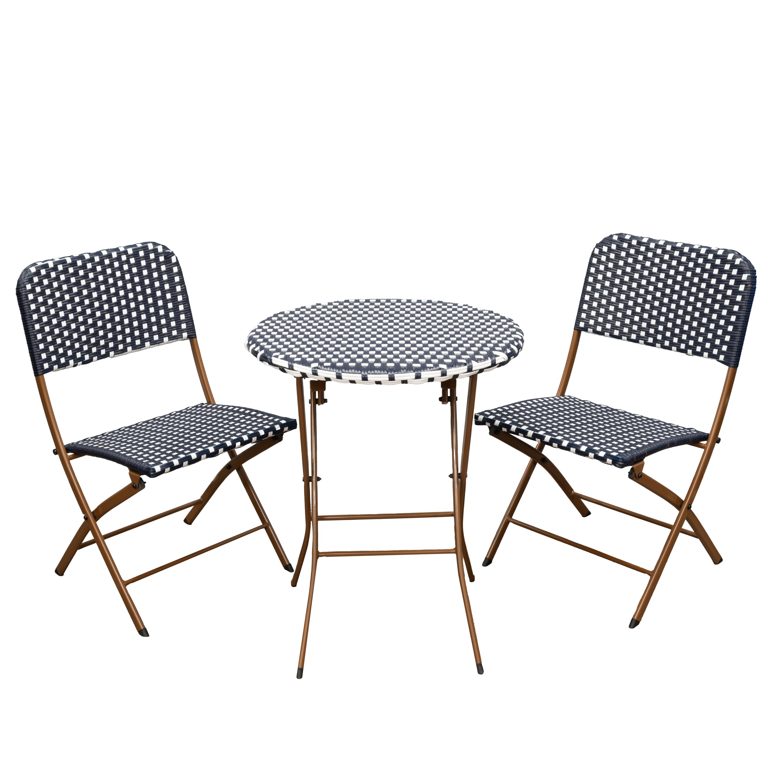Signature Homes and Gardens SH&G 3 Piece Rattan Outdoor Folding Bistro Set | 2 Woven Chairs & Table | Durable Steel Frame Garden Furniture for Balcony & Patio | Blue & White