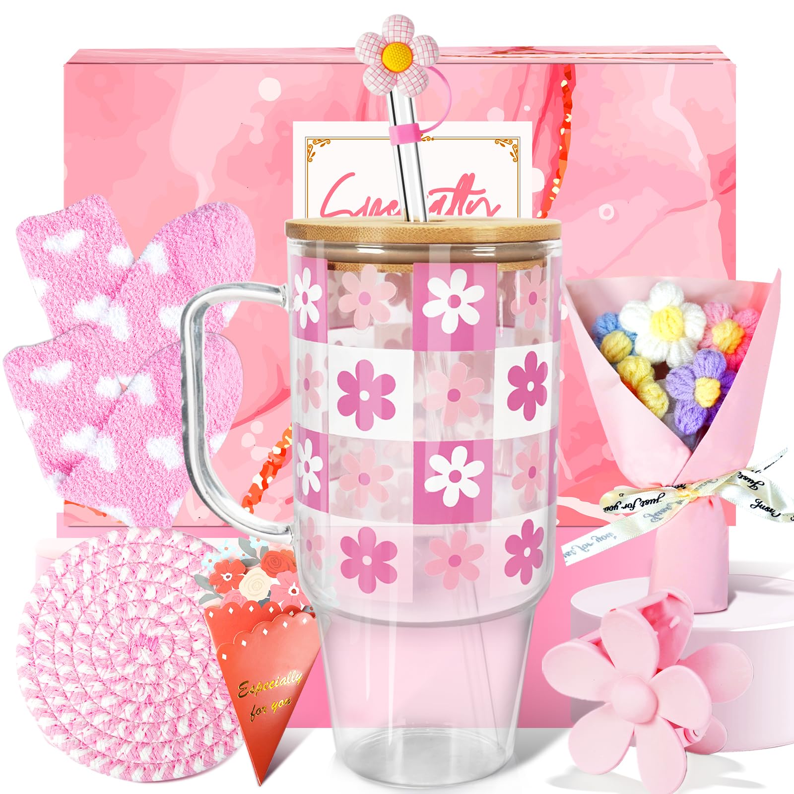 ANOTION Birthday Gifts for Women - Coquette Gift Basket for Her, Glass Cup with Handle, Fuzzy Socks, Knitted Coaster, Plush Bouquet, Gift Box for Mom, Daughter, Wife, Friends