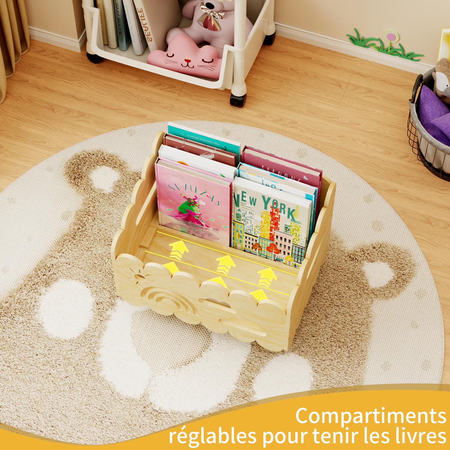 Bibliotheque Enfant Bois, Meuble Rangement Livre Enfant, Coffre à Jouet Bibliothèque Montessori, pour Chambre Bebe, Enfant et Salle de Jeux, Etagere Range Livre Enfants, Caisse a Jouet