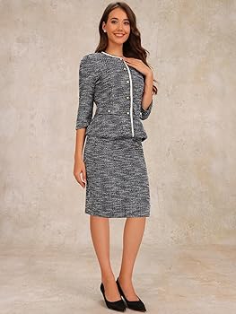 Allegra K Women's 2 Piece Tweed Skirt Set Suit 3/4 Sleeve