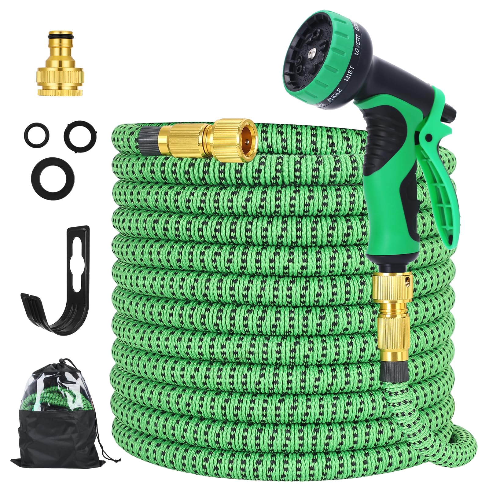 Expandable Garden Hose 50ft, High-Density 3750D Fabric Durable Latex Expandable Hose with 3/4 Inch and 1/2 Inch Solid Brass Fittings, 10-Function Hose Spray Gun for Gardening and Car Washing.