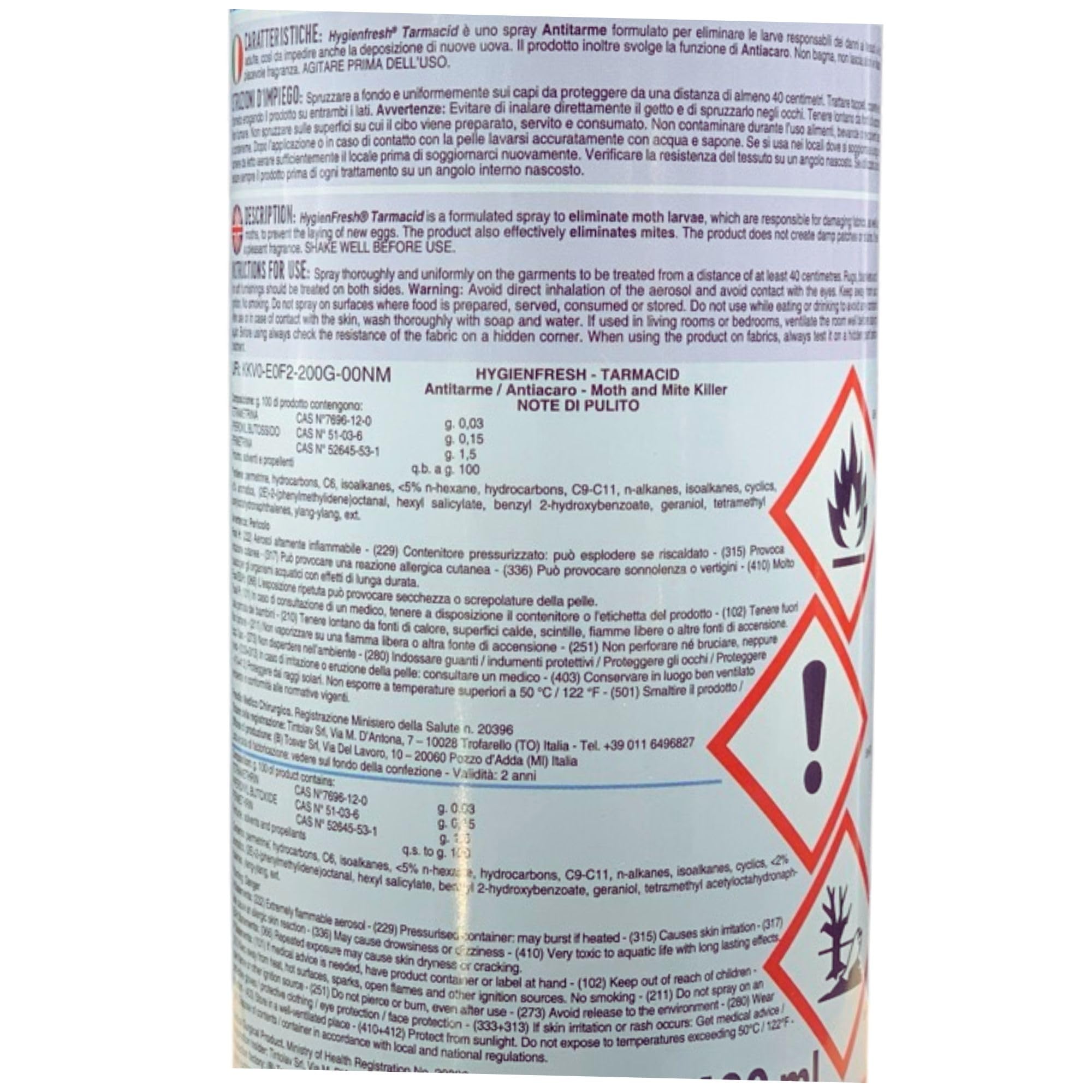 Profumo Deodorante Spray TARMACID Antitarme - Antiacaro. Per Tessuti, Ambienti, Guardaroba, Cassetti Etc. Non Bagna, Non Lascia Aloni 400ml (2 Spray)