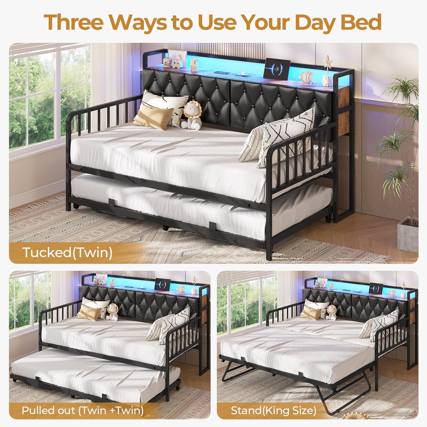 ADORNEVE Daybed with Trundle, Twin to King Daybed with Charging Station & LED Lights, Metal Trundle Bed Twin with Hidden Storage Headboard, Upholstered Sofa Day Bed for Living Room, Bedroom, Black