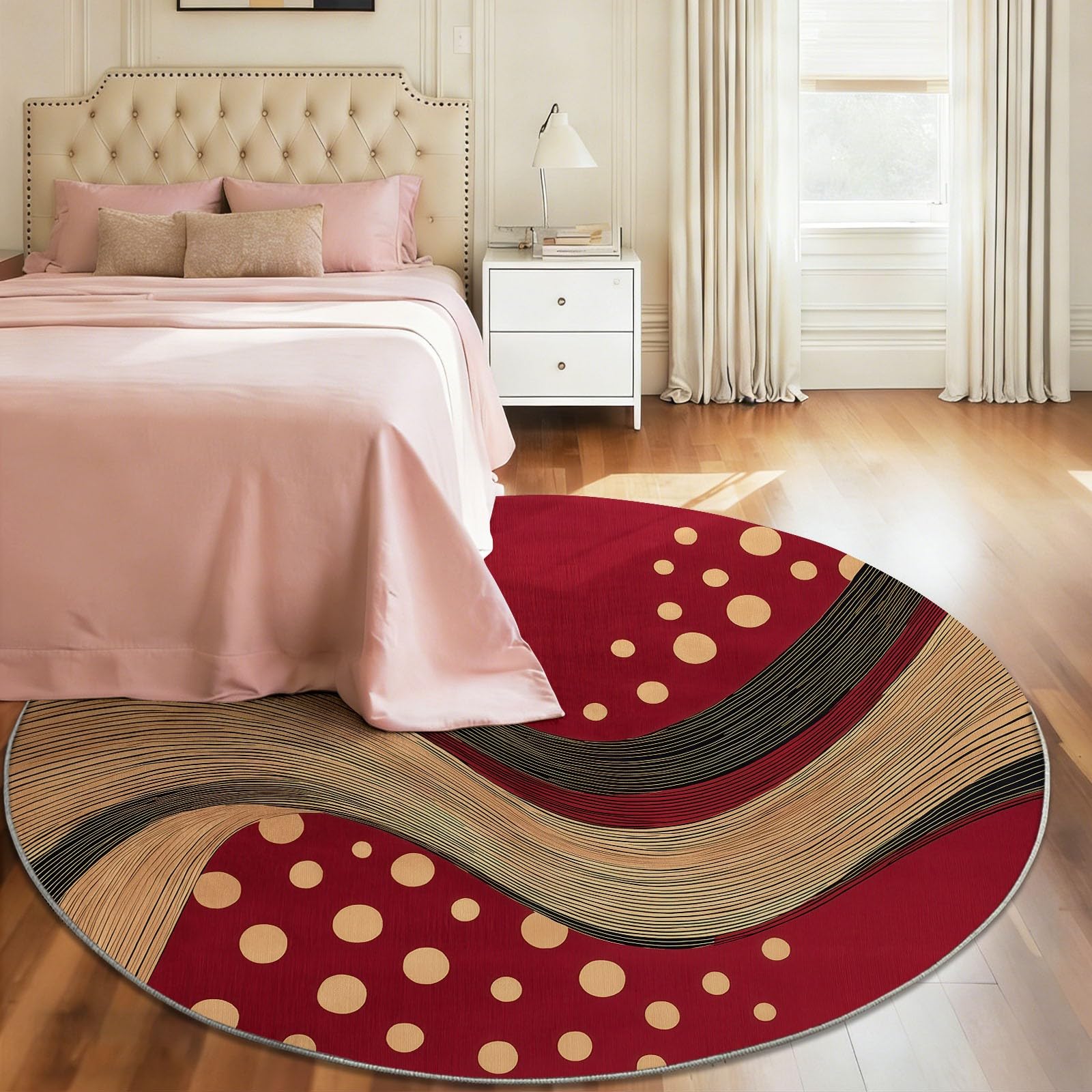 Tapis Rond 120 cm, Abstrait Circulaire Rayé Rouge Lavable et Antidérapant, Tapis de Sol Doux pour Chambre, Salon Cheminée et Salle de Jeux, Décoration Intérieure