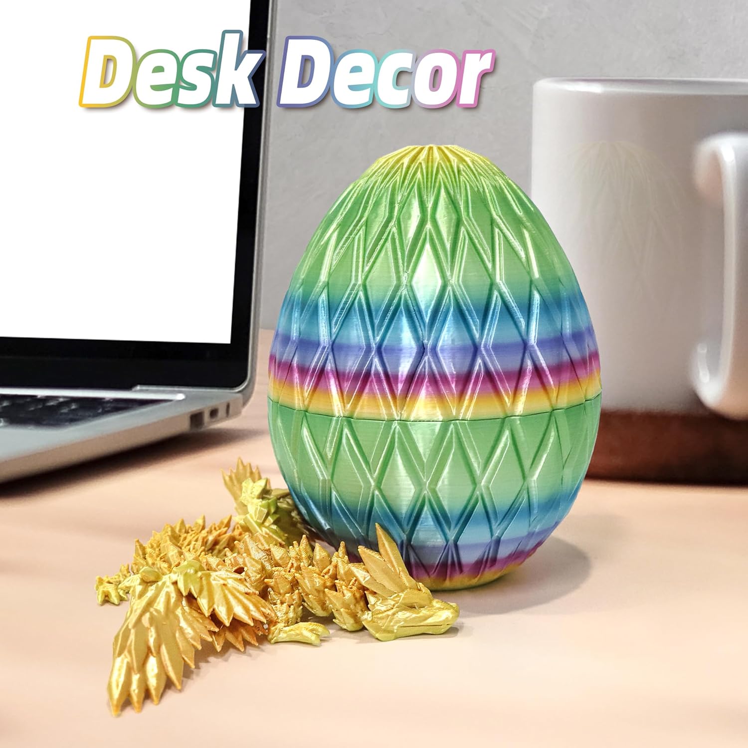 3D Printed Flying Dragon Egg - 7" Winged Dragon in Diamond Easter Eggs, Flexible Crystal Animal Inside, Mystery 3D Gift, Desk Decoration, Fidget Toy (Multicolored Rainbow)