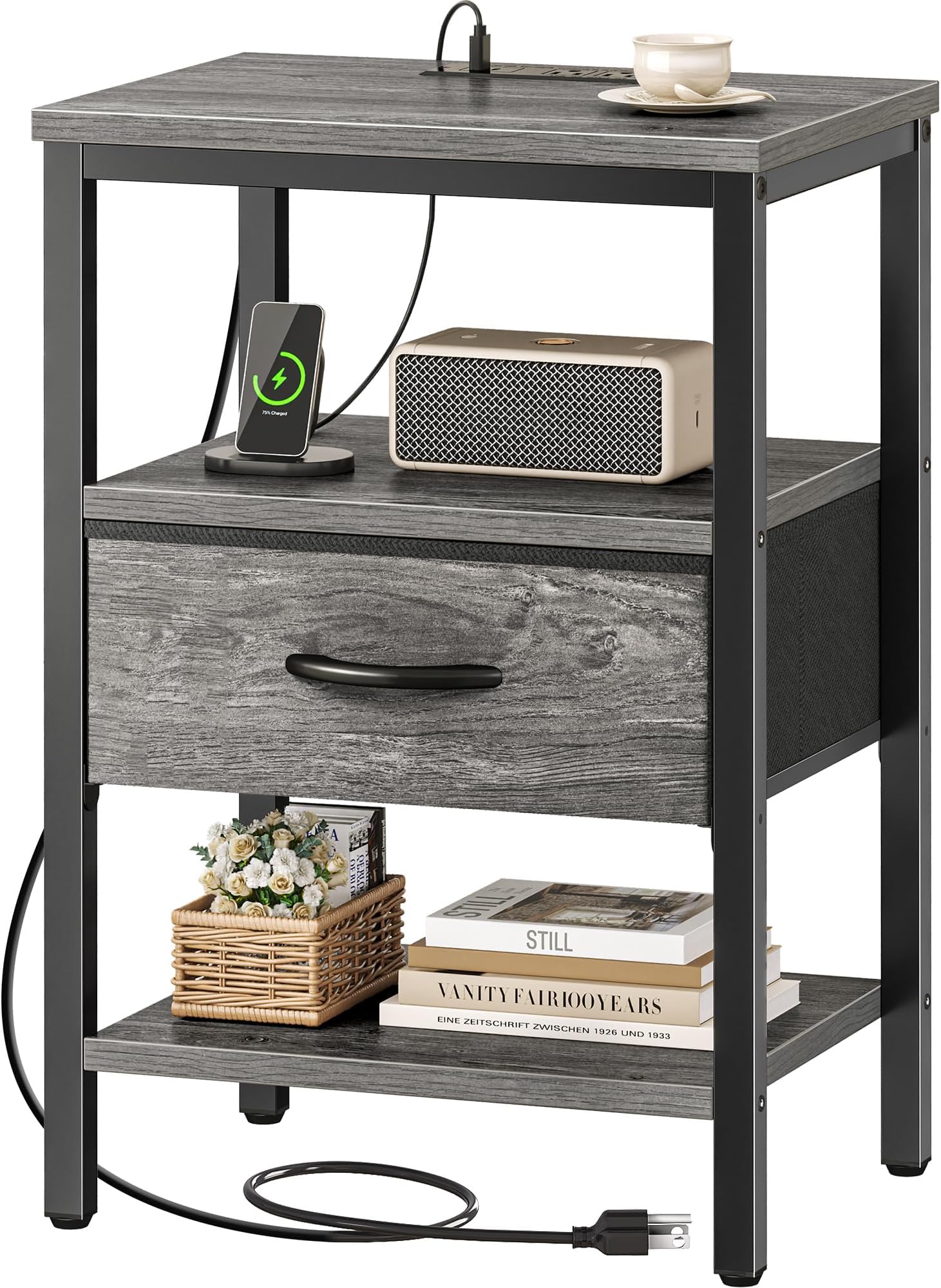 SUPERJARE Nightstand with Charging Station, Bed Side Table with Adjustable Fabric Drawer, Night Stand for Bedroom, 3-Tier Storage End Table, for Living Room, Grey