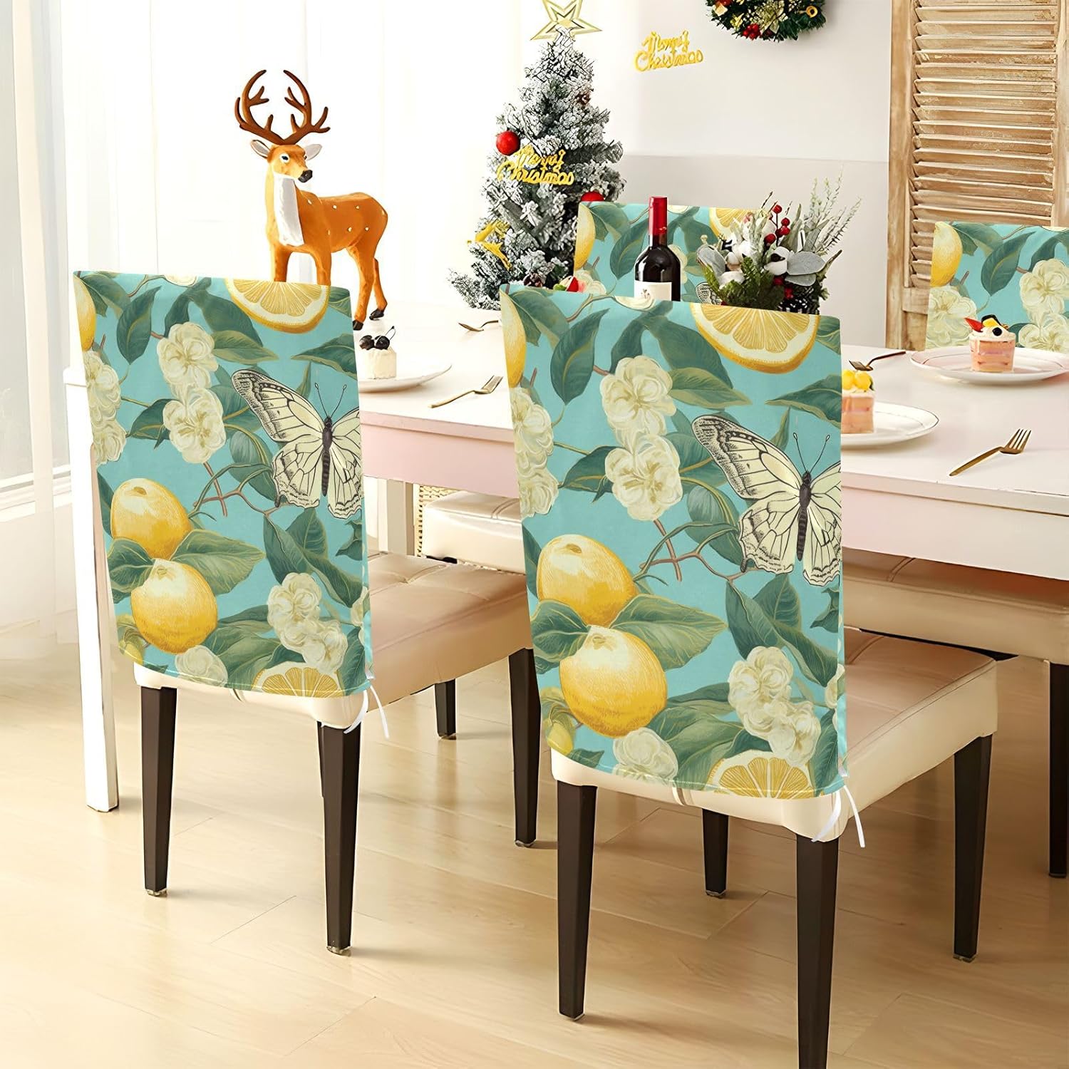 ALAZA Lemon Butterfly Chair Back Cover Set of 6, Washable Reusable Removable Chair Slipcovers Decorative Chair Cover for Home Kitchen Wedding Party