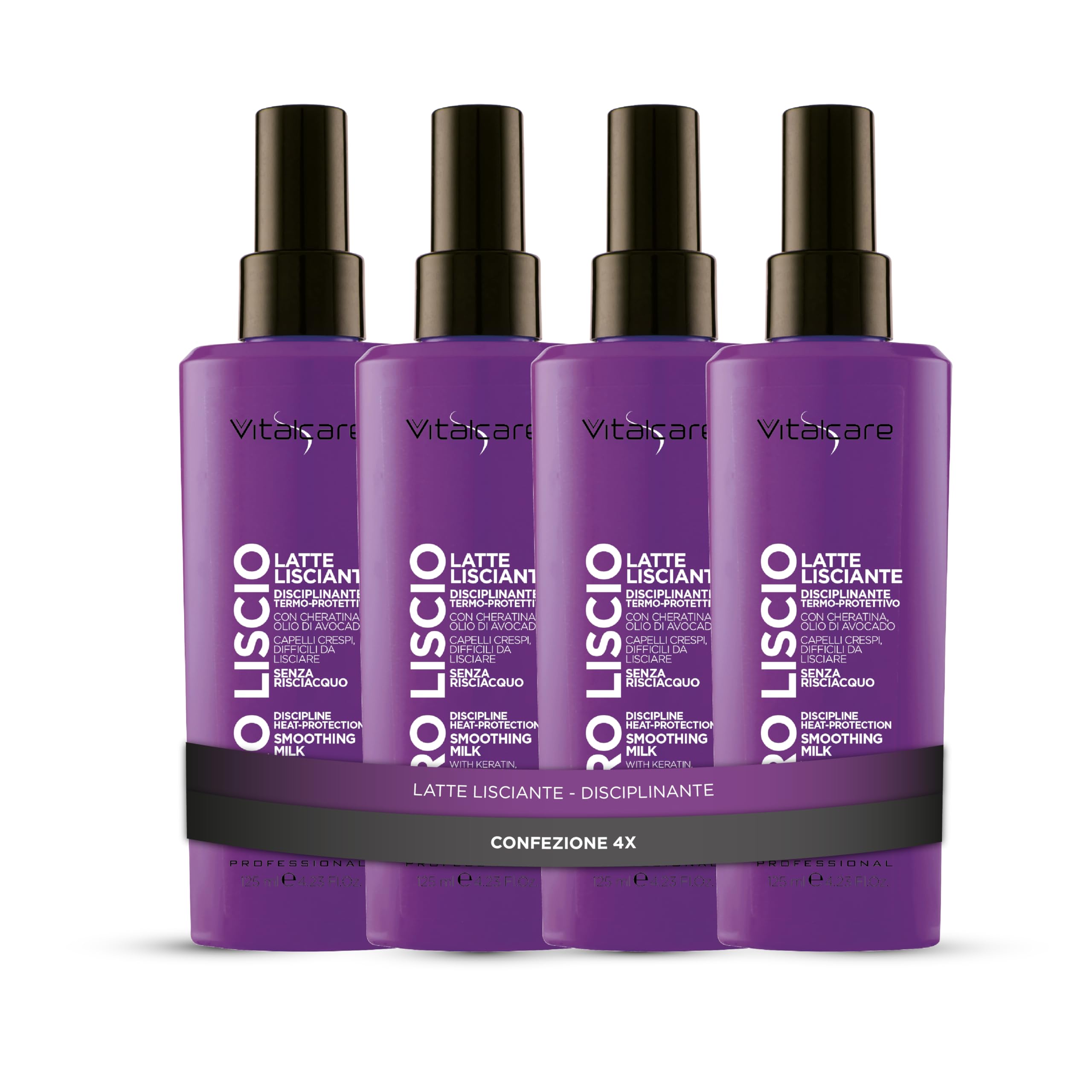 Vitalcare PRO Smooth - mleko wygładzające, ochrona przed wysoką temperaturą suszarki do włosów i talerzy, działanie przeciw puszeniu się, z keratyną i olejem z awokado, 4 x 125 ml