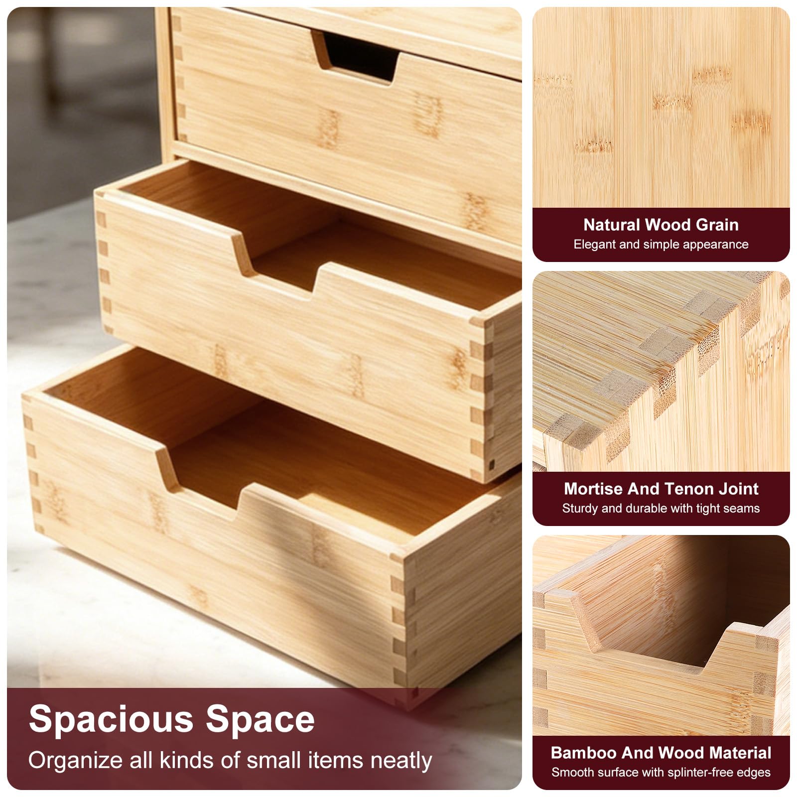 EFUTURETIME Organizer da Scrivania con 3 Cassetti in Legno, 28,5 x 20 x 28,5 cm, Piccola Cassettiera Scrivania, Scatola Portaoggetti in Bambù per Bustine di Tè, Capsule di Caffè, Penne, Cosmetici