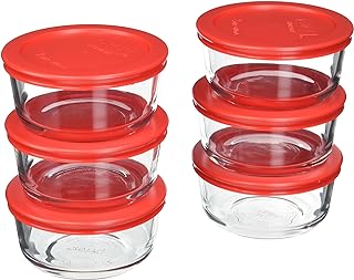 (6) 7200 2 Cup Glass Bowls & (6) 7200-PC Red Food Storage Replacement Lids - Made in USA