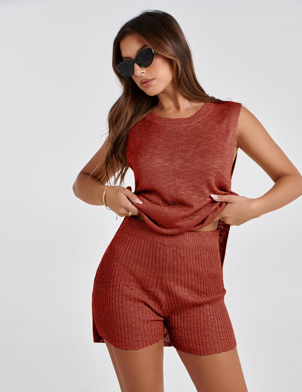 Bianstore Women's Summer Sweater Set Sleeveless Knit Pullover Top Matching Shorts 2 Piece Beach Vacation Outfits - Image 6