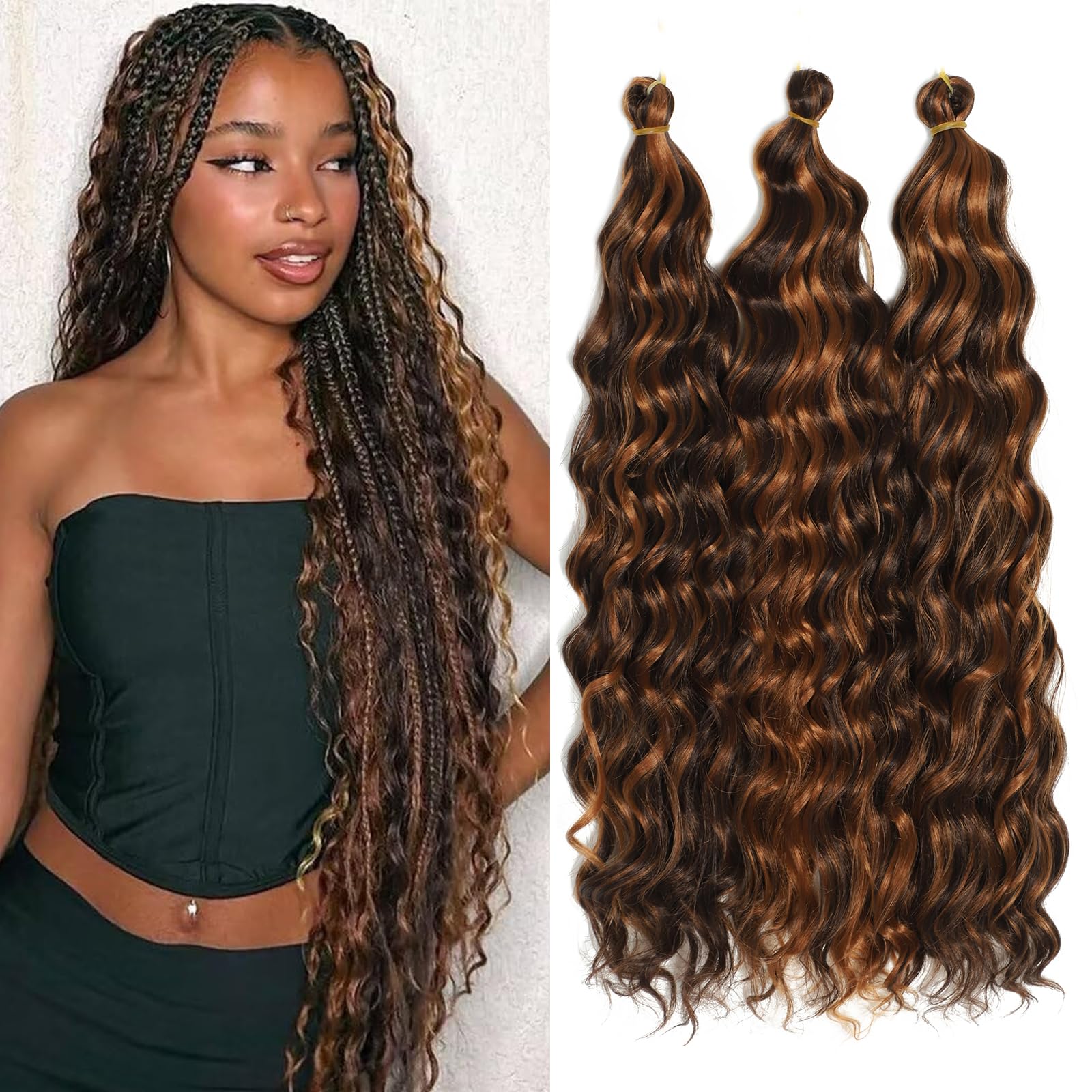 Długie kręcone włosy, Ocean Wave Crochet Hair - miękkie syntetyczne włosy, głębokie fale, skręcane włosy do przedłużania włosów w stylu boho (P4/30#, 45-3T)