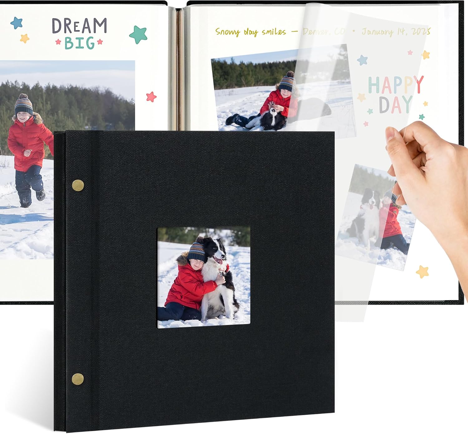 10x10 Inch Linen Self Adhesive Photo Album with Window, 20 Pages Elegant Scrapbook for Timeless Wedding & Couple Photos, Black, Fits 2x3 4x6 5x7 Photos