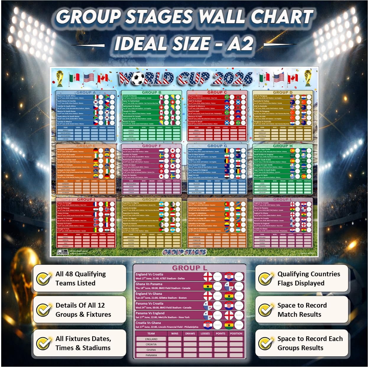 World Cup 2026 Wall Chart & Sweepstake Kit – Calcio Wall Planner z posterem, rejestrem A4 i 48 biletami