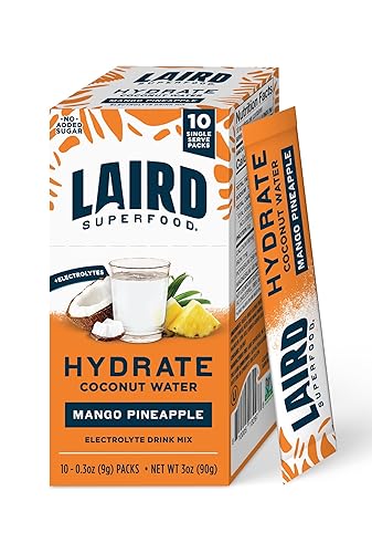 Laird Superfood Hidrata agua de coco  Mezcla de bebida electrolítica  Mango Piña, 10 palitos individuales  0.00 oz de azúcar añadido  Sin