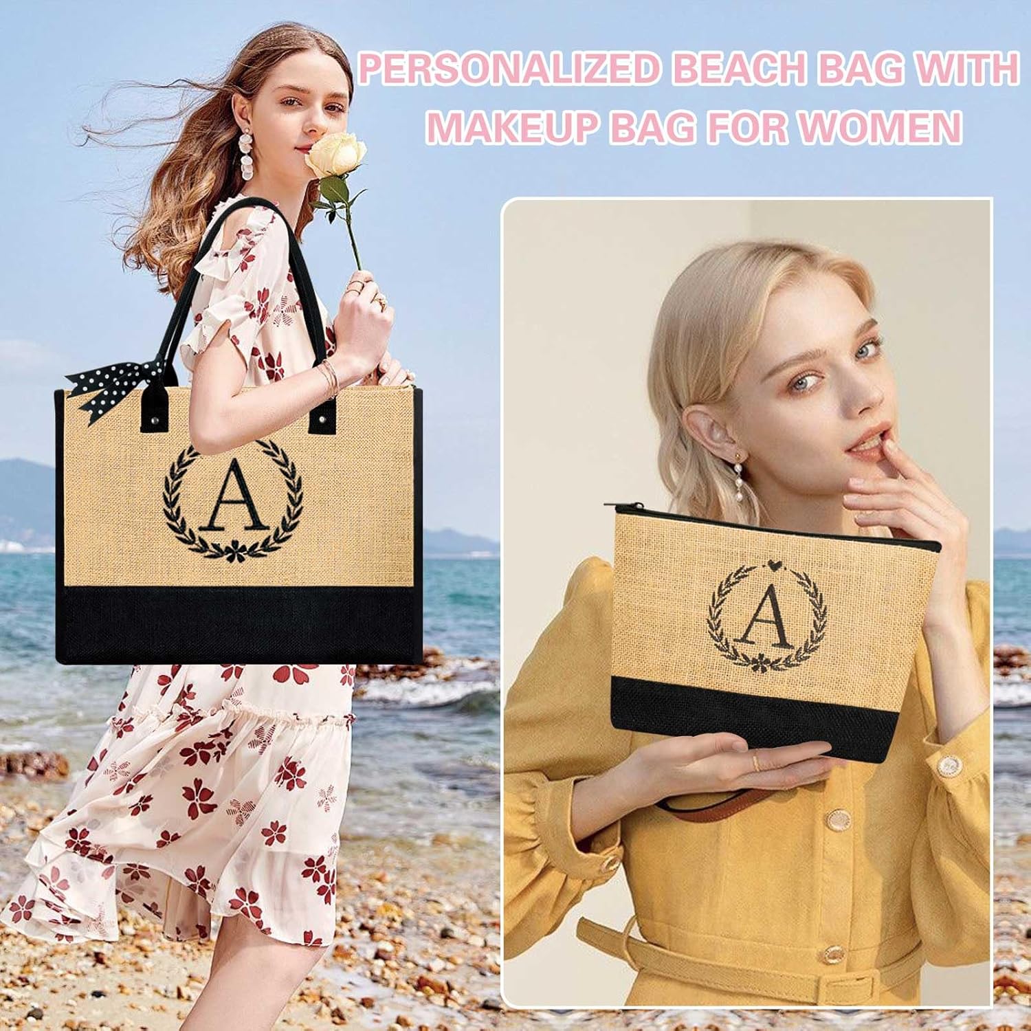 GhvyenntteS Gifts for Women - Initial Jute Tote Bag & Makeup Bag, Valentines Day Gifts for Her Teacher Mom Wife Friend Birthday