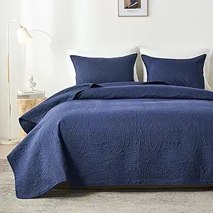 akkialla Twin Quilt Bedding Set,Navy Blue Ultrasonic Quilt Set,Lightweight Soft Bedspread Coverlet,Modern Style Coin Pattern Bed Cover for All Seasons,2 Piece(1 Quilt,1 Pillow Sham)