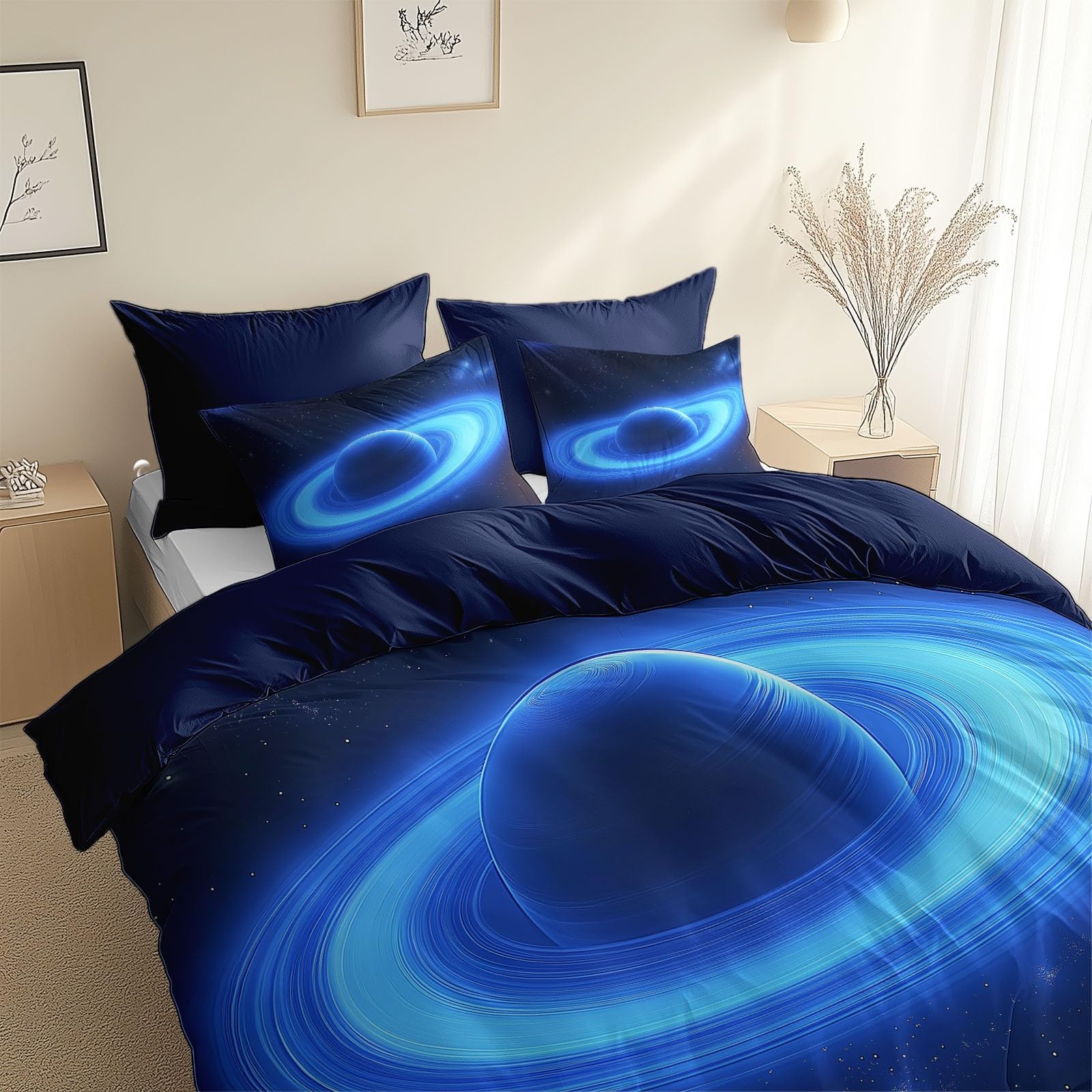 Zestaw poszewek na kołdrę 155 x 200 cm fantazyjny styl obrączkowana planeta, poszewka na kołdrę z mikrofibry miękka można prać w pralce, nie wymaga prasowania, łatwa pielęgnacja, 3 szt